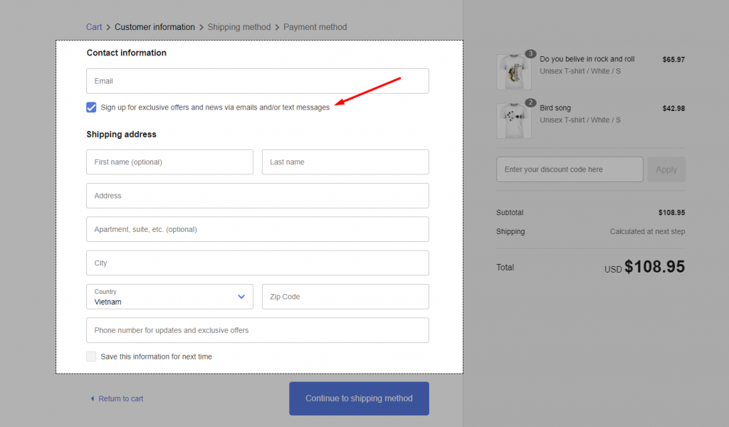Đặt tùy chọn sign-up khéo léo checkout page