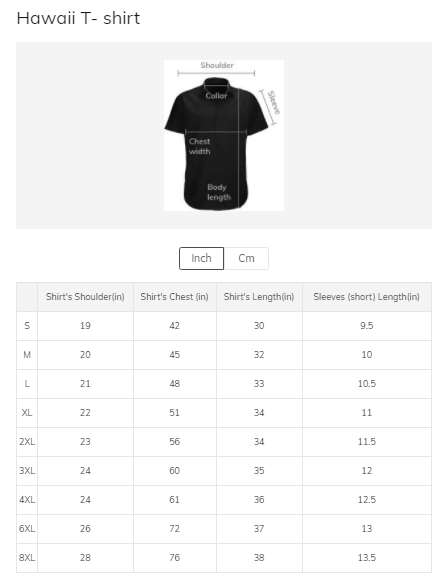 Update on Hawaii Shirt size chart